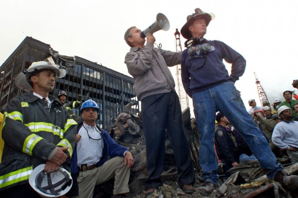 US PRESIDENT GEORGE BUSH ADDRESSES CROWD IN RUBBLE OF WORLD TRADE CENTER.