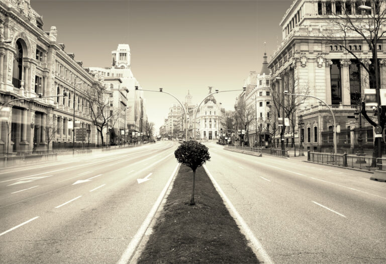A black and white image of a two-way with a median street surrounded by old buildings with no people in sight.