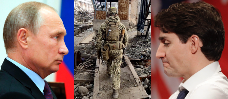 Three images, left, Vladimir Putin side profile. Middle, a soldier walking through ruble in Ukraine. Right, Justine Trudeau side profile.