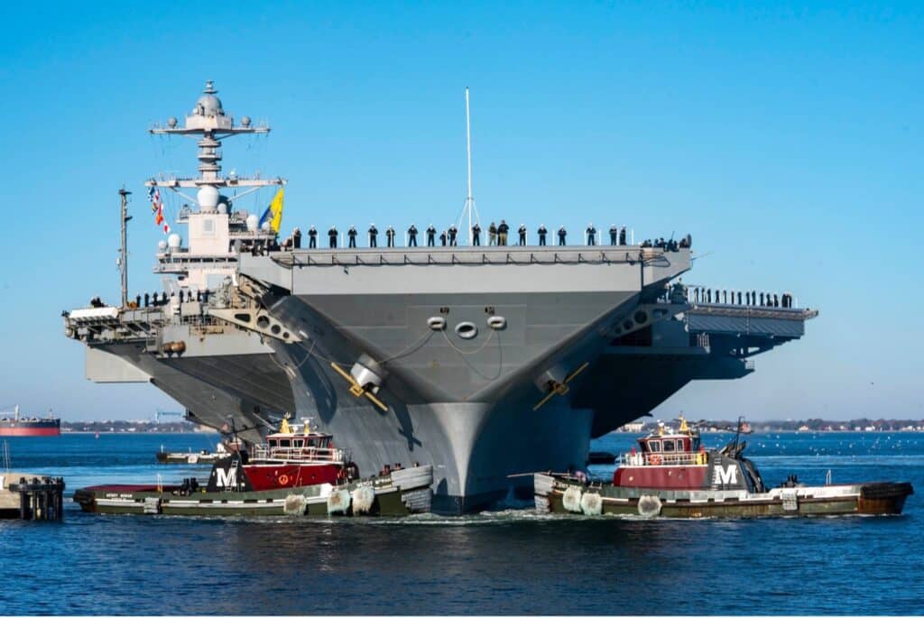 State of the art? The USS Gerald R. Ford aircraft carrier is arguably the most sophisticated piece of military equipment ever created. But its gender-neutral bathrooms do not include urinals. Shown, the ship returning to Naval Base Norfolk in 2023.