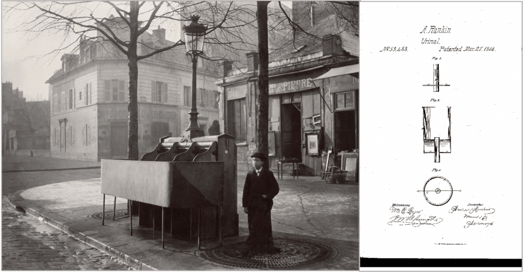 An eternal need satisfied: In the 1830s, Paris installed a series of street-corner urinals that later became known as pissoirs. In 1865, New York City inventor Andrew Rankin patented a method to reduce the smell emanating from these already ubiquitous devices. 