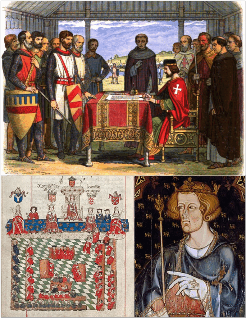 Signed in 1215 at Runnymede, England (top), the Magna Carta was a first step in assuring the rights of those governed by the Crown; the Westminster parliamentary system grew out of “parleys” (talks) between the King and gatherings of his subjects. At bottom left, a 16th-century depiction of the Parliament of Edward I, from the Wriothesley Garter Book; at bottom right, Edward I, who regularly called and consulted Parliament.