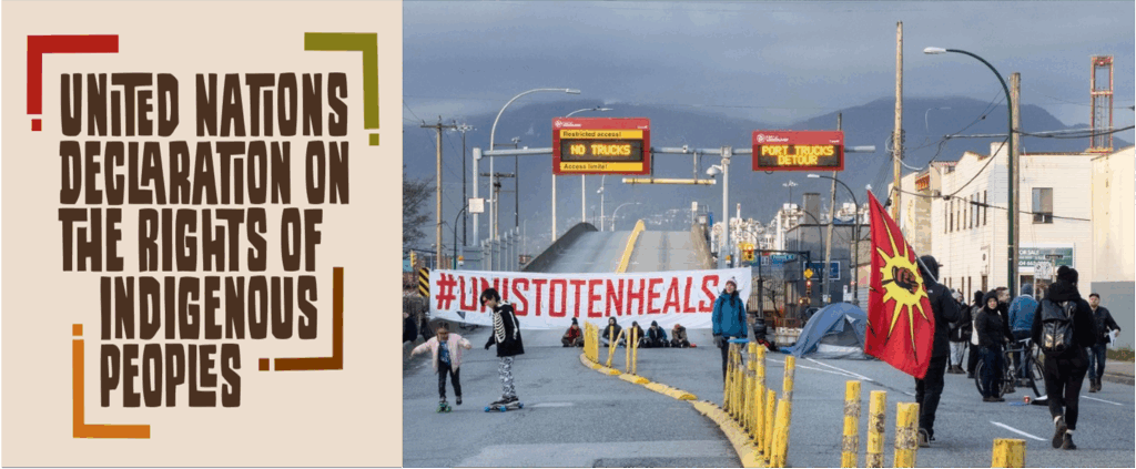 The Supreme Court of Canada has repeatedly found that the United Nations Declaration on the Rights of Indigenous Peoples does not give any First Nation a veto right over major projects in Canada. At right, protesters block entrance to the Port of Vancouver in support of the Wet'suwet'en trying to halt construction of a natural gas pipeline in northern B.C., 2020.