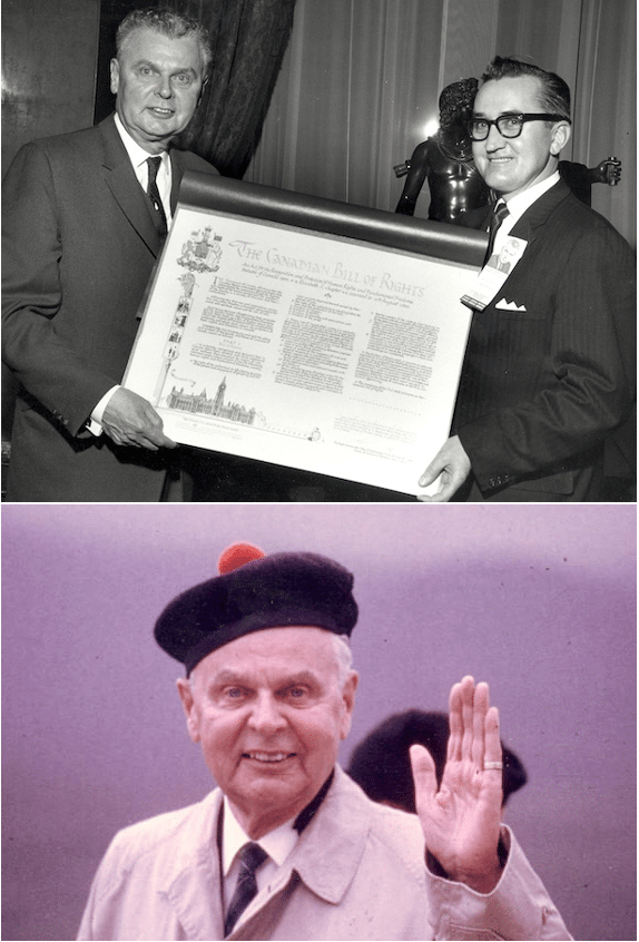 An outsider fighting against the machine: Shown at top, Diefenbaker and delegate at the Progressive Conservative Party’s annual general meeting hold a copy of the Canadian Bill of Rights – the country’s first federal law protecting human rights and freedoms, passed in 1960. At bottom, Diefenbaker much later in life. 