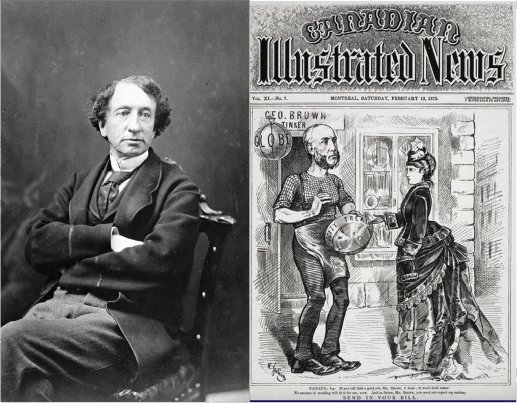 After the Americans revoked the Marcy-Elgin treaty in 1866, Canada’s first Prime Minister Sir John A. Macdonald (left) repeatedly tried to reach another trade agreement with the U.S. When that failed, he introduced his own protectionist National Policy in 1878. At right, the cover of Canadian Illustrated News depicting “Miss Canada” returning a broken pan labelled “Reciprocity”. (Source of right photo: Library and Archives Canada)
