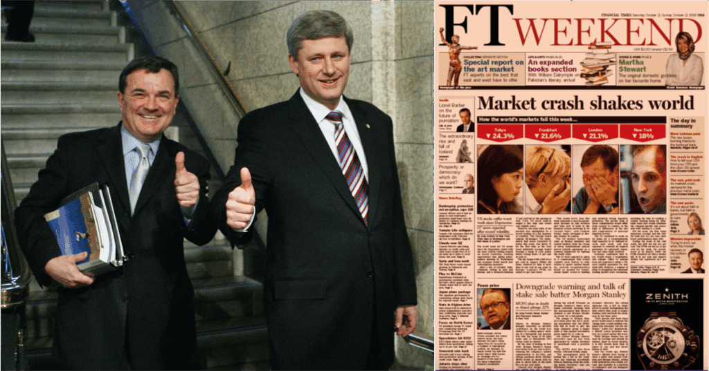 Who was the real saviour? Some credit Carney – including Carney himself – for steering the country through the 2008 financial crisis while he was Bank of Canada Governor; in fact, Conservative Prime Minister Stephen Harper and his Finance Minister, Jim Flaherty, made the key decisions. Shown at left, Harper (right) with Flaherty about to deliver the 2008 budget speech.