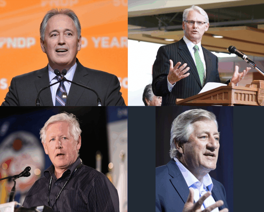 Back and forth: Photo radar tends to be popular with progressive governments and unpopular with conservative ones. At top left, NDP Premier Glen Clark implemented photo radar in B.C. in 1996 while his successor Liberal Premier Gordon Campbell (top right) killed it in 2001. At bottom left, NDP Premier Bob Rae introduced photo radar in Ontario in 1994, only to have it removed a few months later by incoming Progressive Conservative Premier Mike Harris (bottom right).