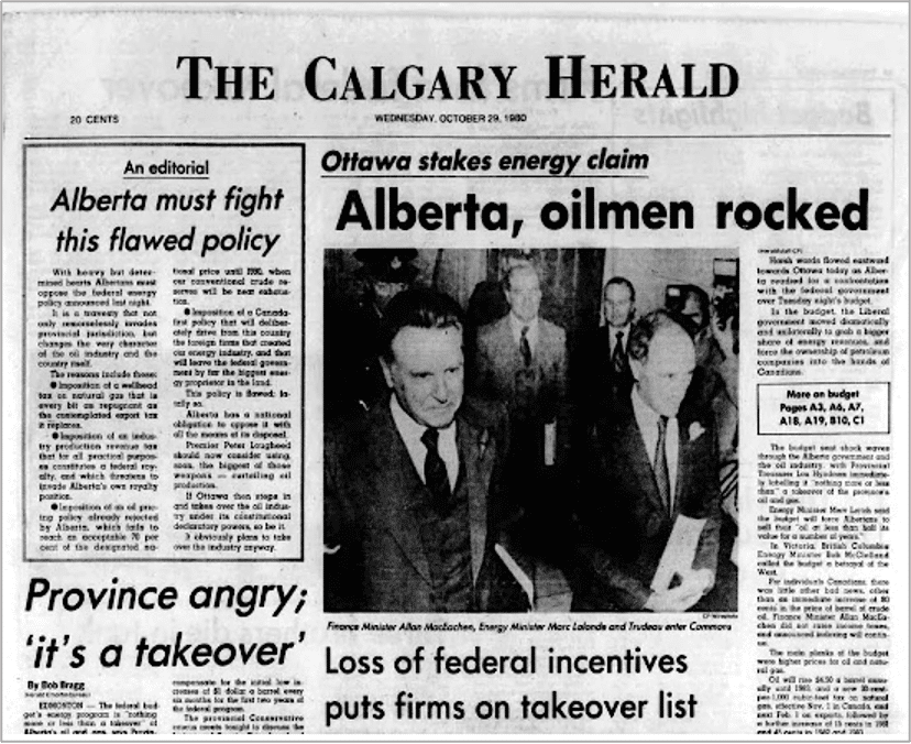 Blind alley: In response to the Nixon tariffs, the Trudeau government attempted to reduce Canada’s reliance on the U.S. through its “Third Option” policies that included the Foreign Investment Review Board and National Energy Program (NEP). Shown, the front page of the Calgary Herald on October 29, 1980 following the NEP’s introduction, which greatly exacerbated western Canadian alienation. 