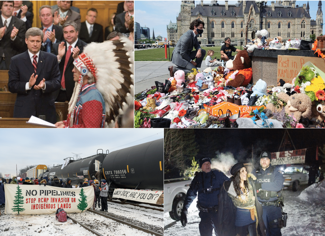 Never enough apologies: The Government of Canada has spent nearly two decades and tens of billions of dollars in the so-far-failed cause of Indigenous Reconciliation. At top left, former Assembly of First Nations Chief Phil Fontaine in the House of Commons receiving the official apology for Indian Residential Schools from former Prime Minister Stephen Harper, June 2008; at top right, former Prime Minister Justin Trudeau visits the makeshift memorial dedicated to the claimed graves of 215 “missing” aboriginal children, June 2021; at bottom, protesters block a railway line in opposition to the Coastal GasLink Pipeline construction, Toronto, Ontario, February 2020.
