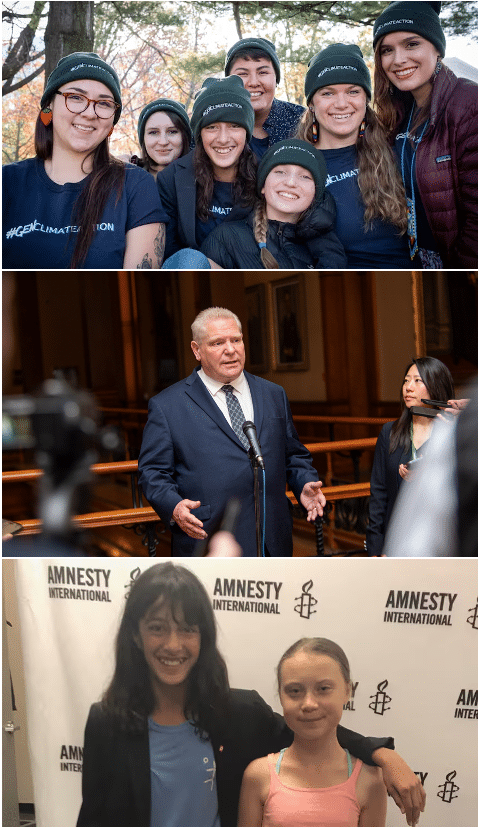 Starting young: In Mathur v Ontario, seven children and youths (top) are challenging the Doug Ford (middle) government’s legislation that modestly reduces the province’s greenhouse gas (GHG) emissions reduction targets, claiming it violates their Charter rights. At bottom, the lawsuit’s primary applicant, then-12-year-old Sophia Mathur (left), meets with Swedish climate activist Greta Thunberg in Washington, D.C., when she was given an award for being the first child in Canada to “strike” for the climate, September 2019.