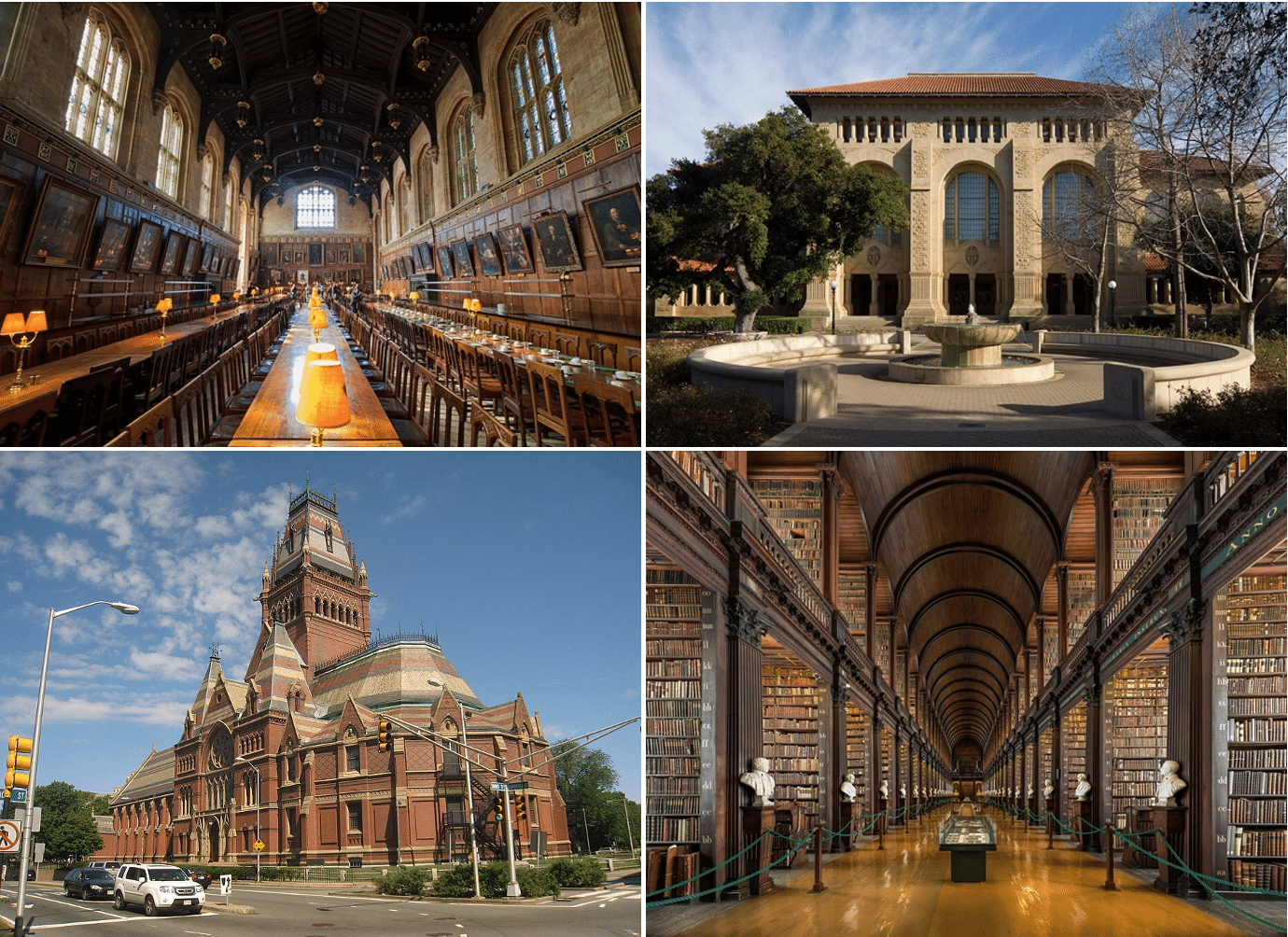 The author believes the U of T’s donor-funded pavers have crossed an ethical line, and notes that no other world-class university has followed suit to her knowledge. These include (clockwise starting top-left): Oxford University, shown is the dining hall at Christ Church; Stanford University, shown is the Green Library; Dublin University’s Trinity College, shown is the Long Room of the Old Library; and Harvard University, shown is Memorial Hall. 