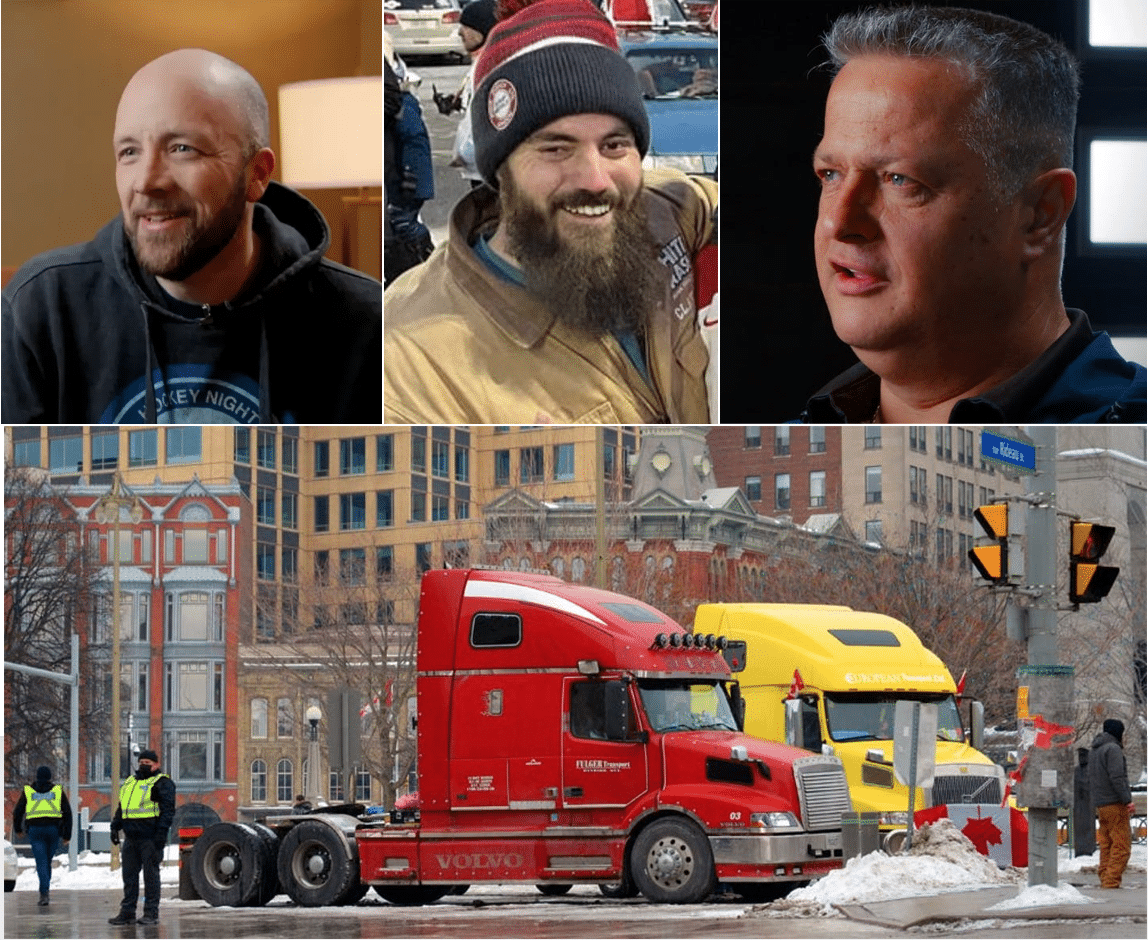 While thousands of serious criminal cases across Canada are dropped merely due to delays, many Convoy-related prosecutions on trivial charges continue more than three-and-a-half years later. The cases of Freedom Convoy truckers (left to right) Bern Bueckert, Clayton McAllister and Csaba Vizi (whose Volvo is shown at bottom) are still not fully resolved.