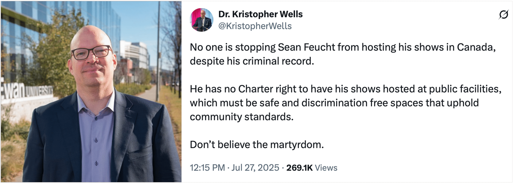 Rationalizing censorship: Senator Kris Wells argues that as an American, Feucht “has no Charter right” to perform in public spaces – thereby ignoring the incontrovertible Charter rights of Canadians who wish to see him perform. 