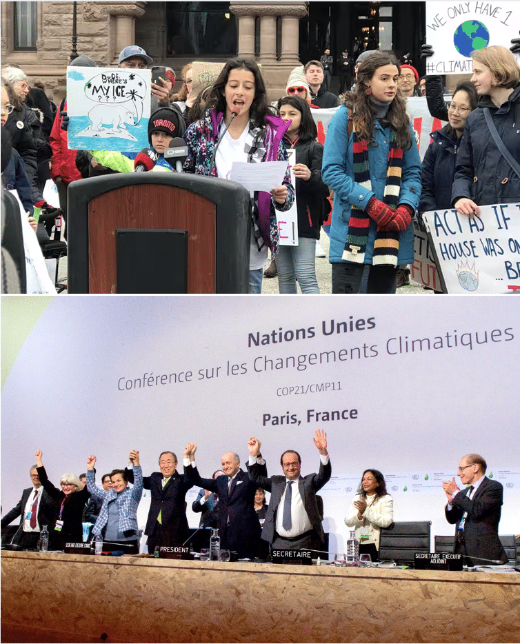 The Mathur applicants seek to use the Charter to impose the provisions of the 2015 Paris Agreement on Ontario – but that agreement is non-binding, unenforceable and sets no actual requirements for countries to hit certain GHG emissions targets on a defined timeline. Shown at top, Mathur speaks at Queen’s Park in Toronto, March 2019; at bottom, global leaders celebrate the Paris Agreement at the 21st United Nations Climate Change Conference.