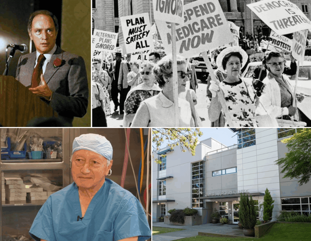 Private vs public health care: In 1984, the government of Pierre Trudeau (top left) passed the Canada Health Act, exacerbating the rationing of health services that had been building for the past two decades. In response, orthopaedic surgeon Brian Day (bottom left) co-founded the Cambie Surgery Centre (bottom right) to give Canadians a private alternative. Shown at top right, Canadians rally against Medicare in Regina, Saskatchewan, July 1962.