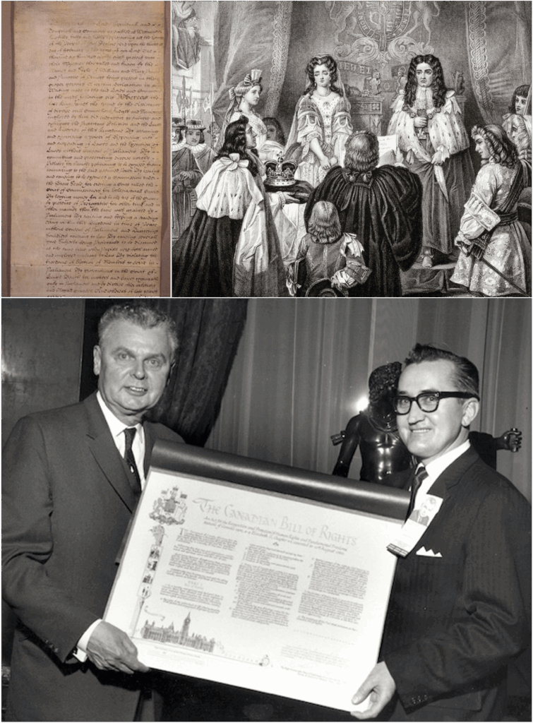 The first “Rights Revolution”: Long before human rights tribunals came along, Canada’s legal and political system already protected fundamental rights, having inherited the English Parliament’s Bill of Rights (top left), signed by William III and Mary II (top right) in 1689, followed later by Ontario’s 1944 Racial Discrimination Act and the Canadian Bill of Rights, signed by Prime Minister John Diefenbaker (left, at bottom) in 1960. 