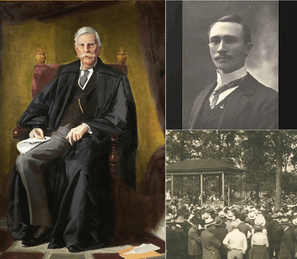 The “golden rule” comes to America: In 1919 Justice Oliver Wendell Holmes (left) upheld convictions under the U.S. Espionage Act of First World War dissidents Charles Schenck (top right) and Eugene Debs (bottom right, at centre, delivering the famous speech in Canton, Ohio for which he was prosecuted). The U.S. Supreme Court ruled their activism “a clear and present danger” causing “the substantive evils that Congress has a right to prevent.” But in a third case that year, Holmes changed his mind and in a famous dissent argued for a golden rule-type distinction between words and acts – a concept the Supreme Court adopted 50 years later. 