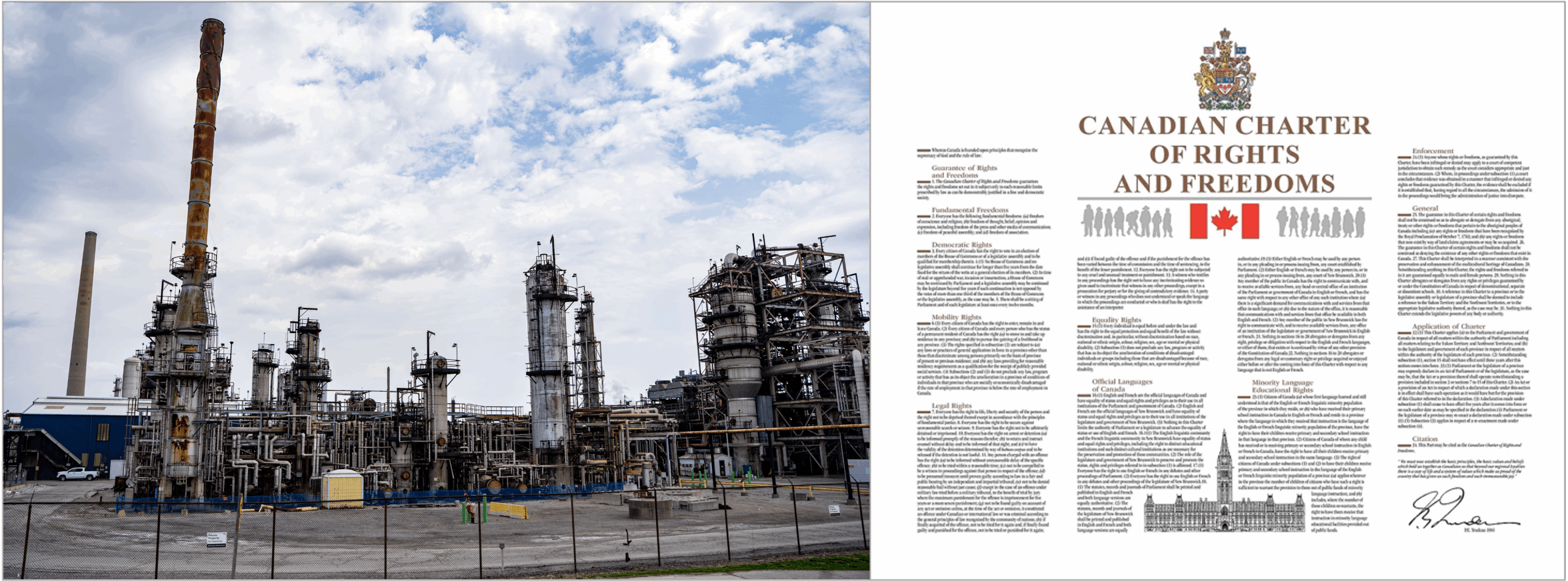 The wrong tool: The Charter is meant to protect the fundamental constitutional rights and freedoms of individuals, not oversee complex policy trade-offs on issues like emissions regulation that involve economics, technology and politics. At left, Petro-Canada Lubricants Centre refinery in Mississauga, Ontario. 