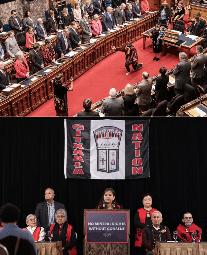 Canadian courts have consistently followed political fashion and favoured the interests of Indigenous plaintiffs over those of broader Canadian society. At top, B.C. adopts the UN Declaration on the Rights of Indigenous Peoples, November 2019. In September 2023, Gitxaała Nation chiefs (bottom) won a case forcing B.C. to include a duty to consult in its mineral exploration laws.