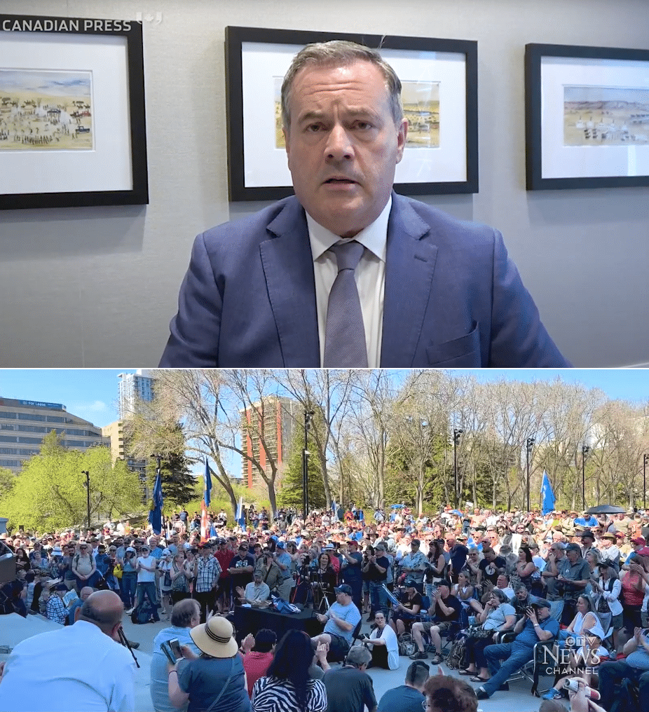 Alberta_separatism_Jason_Kenney_Alberta_politics_western_alienation_1 Alberta separatism is a movement led by a “perpetually angry minority,” said former Alberta Premier Jason Kenney (top); he insisted a vote on separation would divide families and communities, “shredding the social fabric of the province,” remarks that were equal parts untethered hyperbole and embellished fantasy. At bottom, a pro-separation rally at the Alberta Legislature, Edmonton, May 2025.