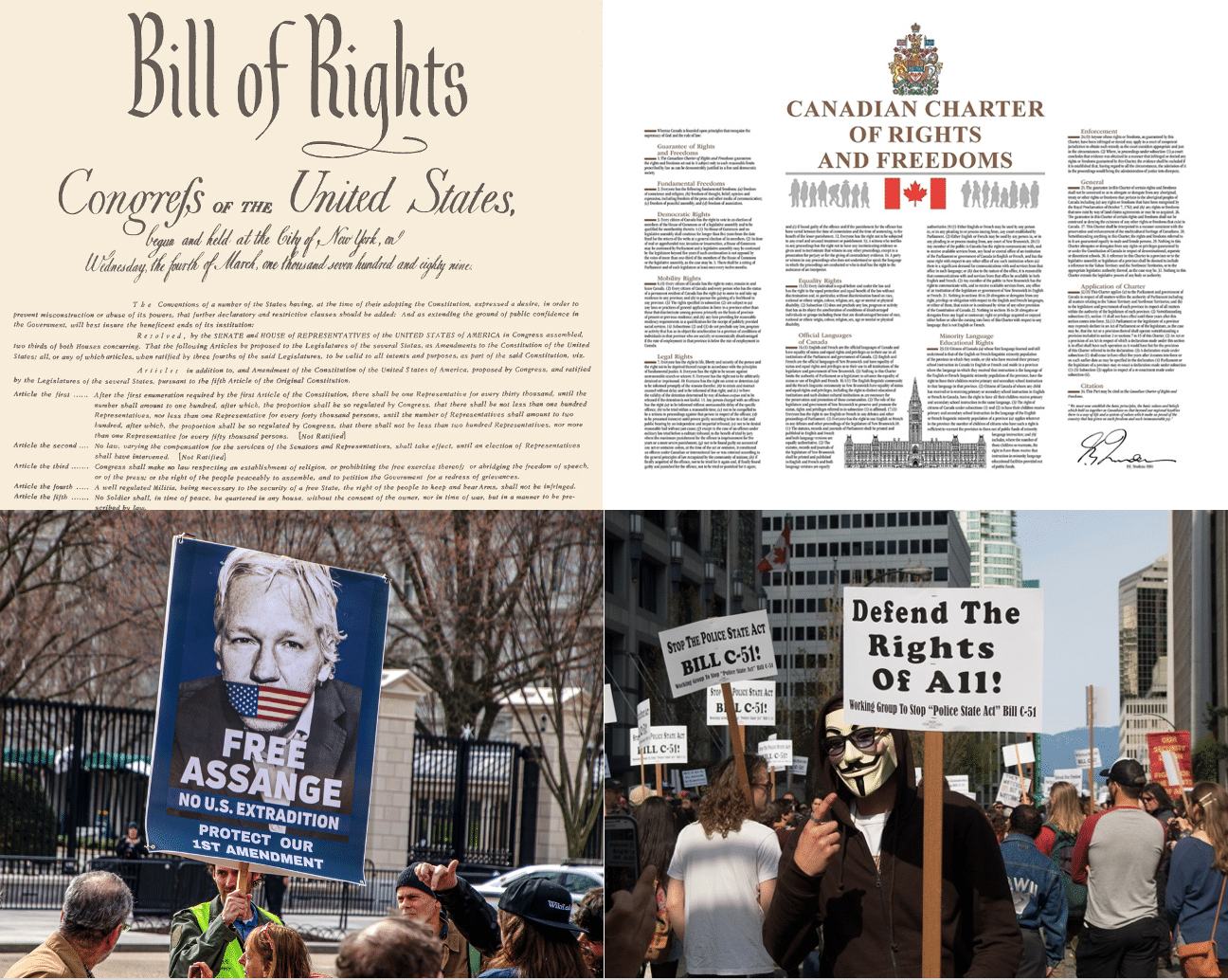 The U.S. Bill of Rights and the Canadian Charter of Rights and Freedoms are both meant to constrain the power of the state – but have not prevented government intrusion into peoples’ lives; the author’s constitution proposes to “flip the default” – to make the state powerless, except for powers expressly granted. Shown at bottom left, supporters of WikiLeaks founder Julian Assange accuse the U.S. government of violating the first amendment, Washington, D.C., February 2020; at bottom right, a protest against Bill C-51 in Vancouver, B.C., April 2015. 