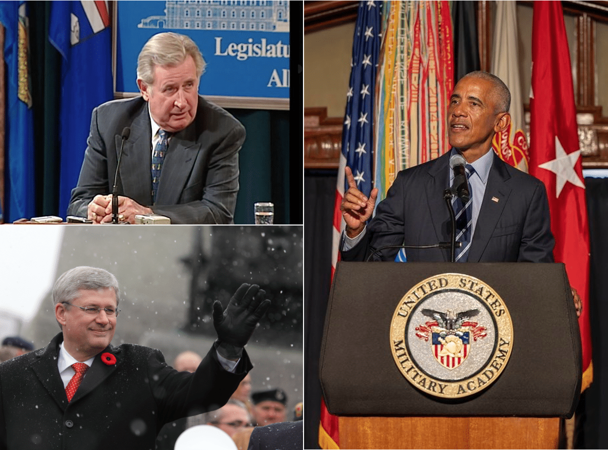 Alberta_separatism_Jason_Kenney_Alberta_politics_western_alienation_5 Perhaps Jason Kenney would be better off staying out of Alberta politics, as former Alberta Premier Ralph Klein (top left) did after his term ended. Former Prime Minister Stephen Harper (bottom left) also made no attempt to upstage his successor. The model not to follow is that of former U.S. President Barack Obama (right) who routinely engages in national politics.