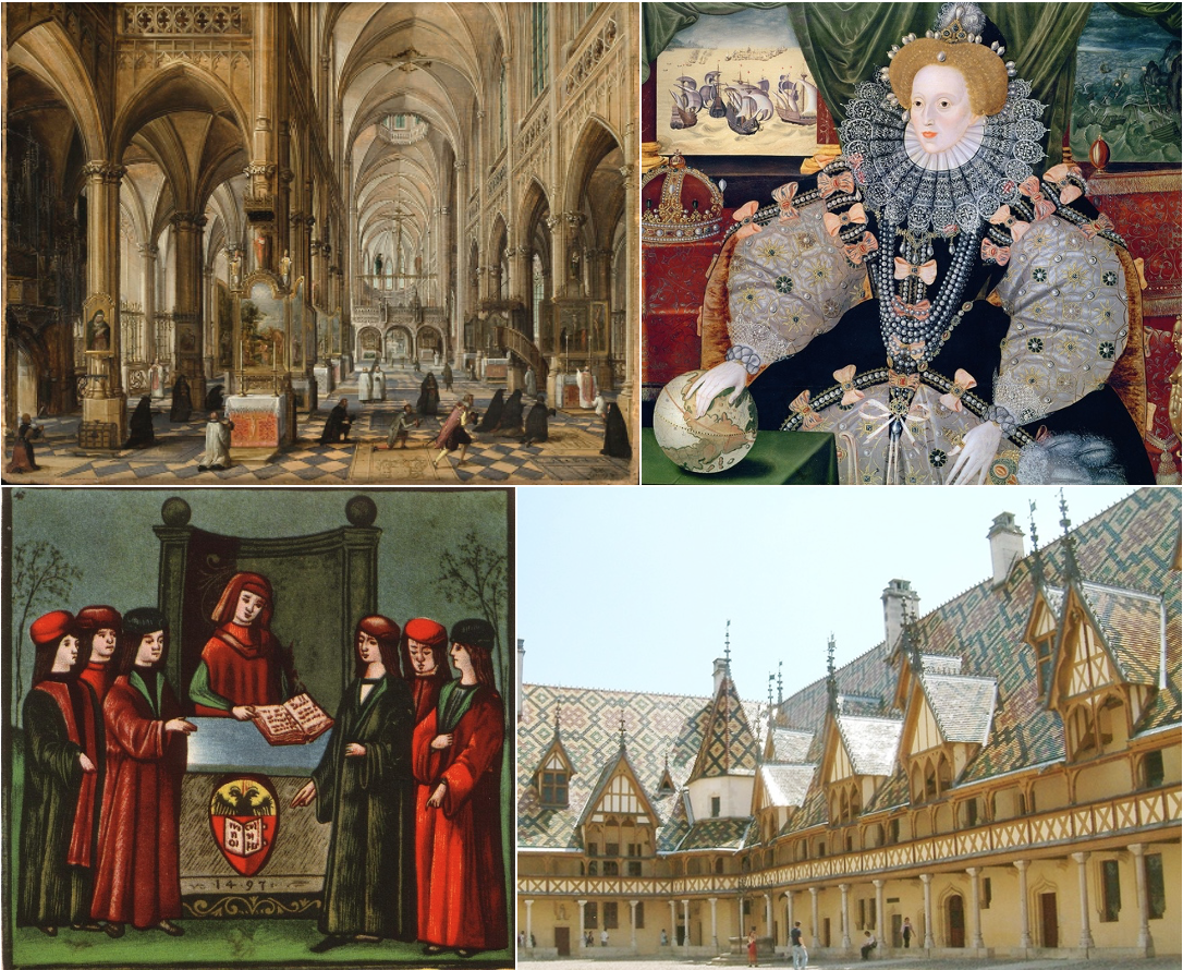Good work, done free: For centuries, the 'advancement of religion' meant serving the less fortunate while pioneering developments in science, architecture and education. Shown (clockwise from top left): Interior of a Gothic Cathedral by Dutch painter Paul Vredeman de Vries; Queen Elizabeth I, during whose reign the charitable status of churches was first legally recognized; the Hospices of Beaune, an early French hospital; and students enrolling at the University of Bologna, founded by the Catholic Church in 1088.
