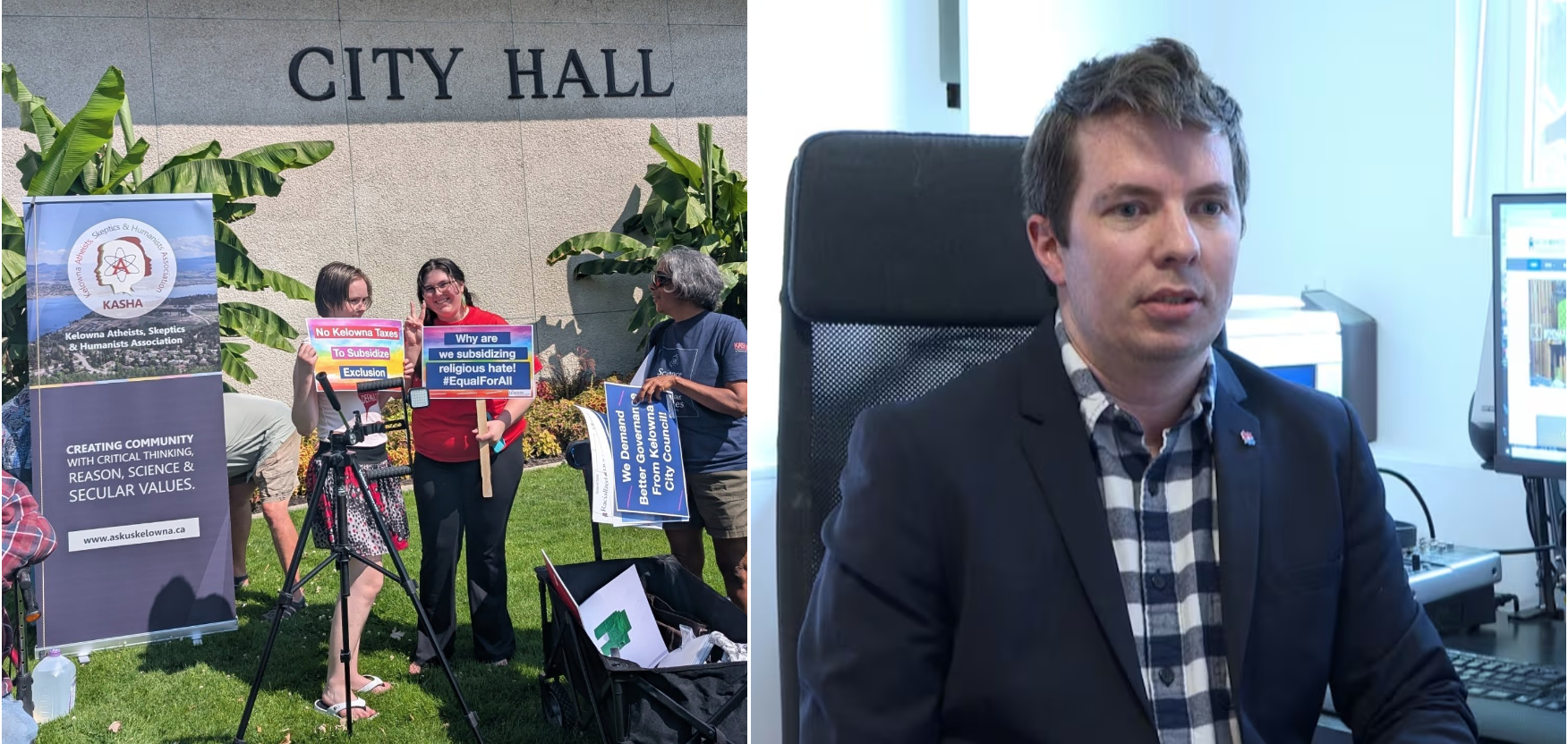 Outsized influence: Ian Bushfield, executive director of the tiny British Columbia Humanist Association (BCHA), has enjoyed considerable success in Ottawa promoting his claim that governments should not provide tax benefits for religious organizations because there’s no similar provision for “nonreligious worldviews” – this despite his group having had charitable status since 1989. At left, BCHA supporters protest outside city hall in Kelowna, B.C.