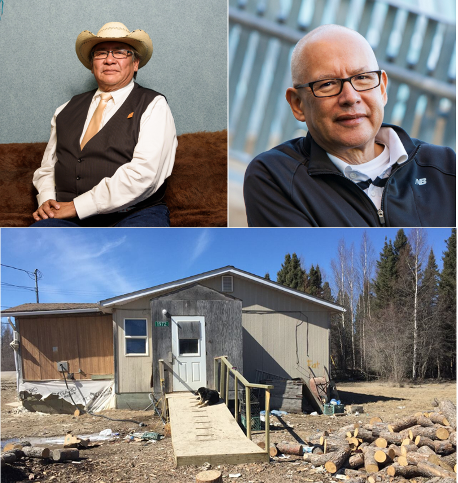 Wilful blindness: In Still Ruffling Feathers, contributors Lee Crowchild (top left), former chief of the Tsuut’ina Nation in Alberta, and David Newhouse (top right), a professor of Indigenous Studies at Trent University, Ontario, gloss over the enormous problems of poverty, substance abuse and despair associated with a segregated, reserve-based Indigenous culture. At bottom, the Kitchenuhmaykoosib Inninuwug reserve in northern Ontario. 