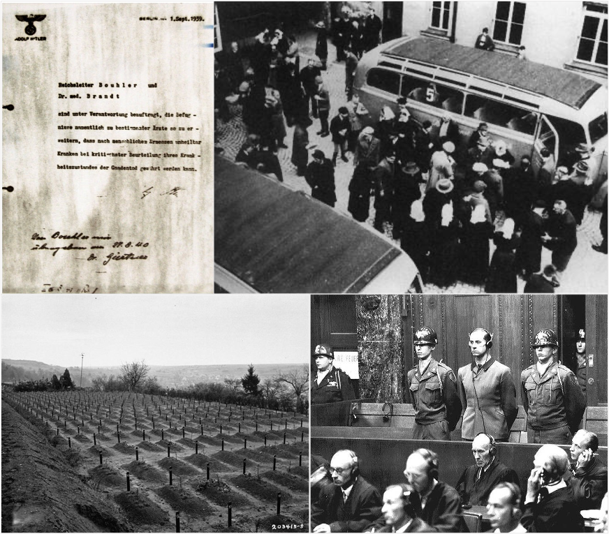 From (alleged) mercy killing to mass murder: Nazi Germany’s infamous Aktion T4 euthanasia program killed an estimated 250,000 disabled people between 1939 and 1945. Shown (clockwise from top left): The order signed by Adolf Hitler on September 1, 1939 authorizing a national program of euthanasia; victims being loaded onto buses headed to gas chambers in 1941; Karl Brandt, Reich Commissioner of Health and Emergency Services, during his trial at Nuremberg in 1948; unmarked graves on the grounds of the Hadamar Institute, one of six sites under the Aktion T4 program.