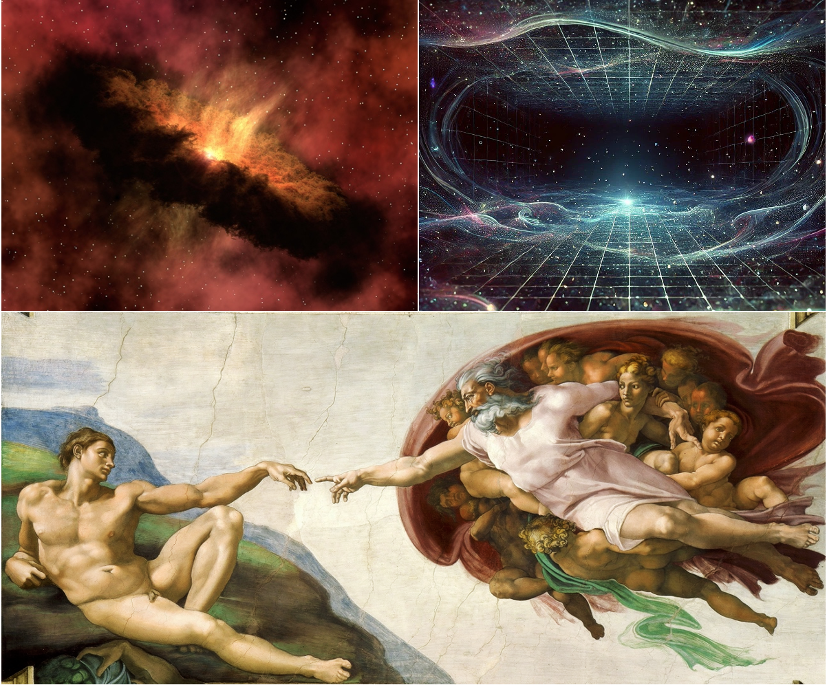 Bringing the world into the soul: Meditations over cosmology and the principles of quantum physics have left the author deeply in awe of the world and its origins; he urges everyone to recognize and appreciate life’s miraculous experiences. At top left, a NASA image of a protoplanetary disk around a newly formed star; at top right, a rendering of zero-point energy space filled with quantum fluctuations; at bottom, the iconic Creation of Adam by Michelangelo, 1511, Sistine Chapel, Vatican.