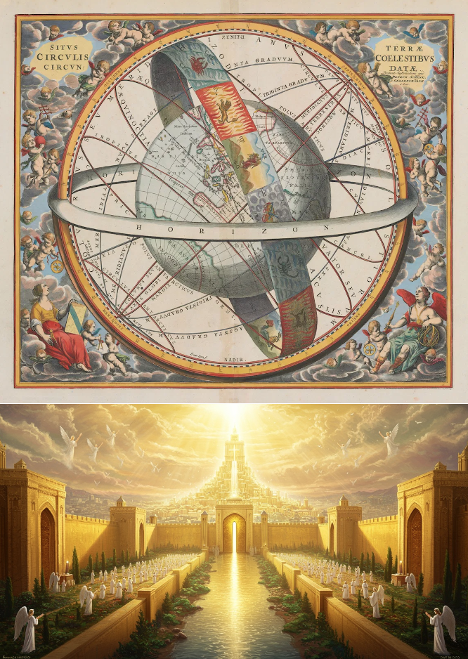 Fundamentals unanswered: For the author, scientific cosmology offers a largely viable yet still critically incomplete paradigm of reality, whereas the “Kingdom” of the Divine is an inaccessible mystery. At top, Harmonia Macrocosmica Plate 11, an engraving in Andreas Cellarius’s 1660 atlas of Earth-centred cosmology. At bottom, an AI depiction of the New Jerusalem from the Book of Revelation. 