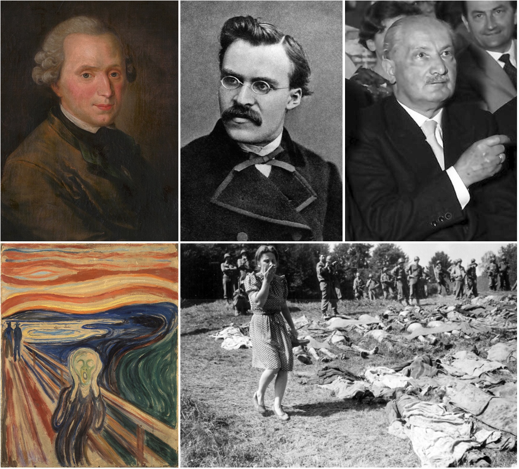 Continuing Machiavelli’s revolution, modern German philosophers (top left to right) Immanuel Kant, Friedrich Nietzsche and Martin Heidegger moved ever-further from Platonic and Christian notions of universals and focused on human particularities such as the “will to power” and “higher man”, all-but completing the West’s march into nihilism and totalizing ideology. Shown: (bottom left) The Scream by Edvard Munch, 1893, often associated with nihilism due to its theme of existential terror; (bottom right) exhumed bodies of some of the 800 slave labourers murdered by Nazi SS guards near Namering, Germany, May 1945. 