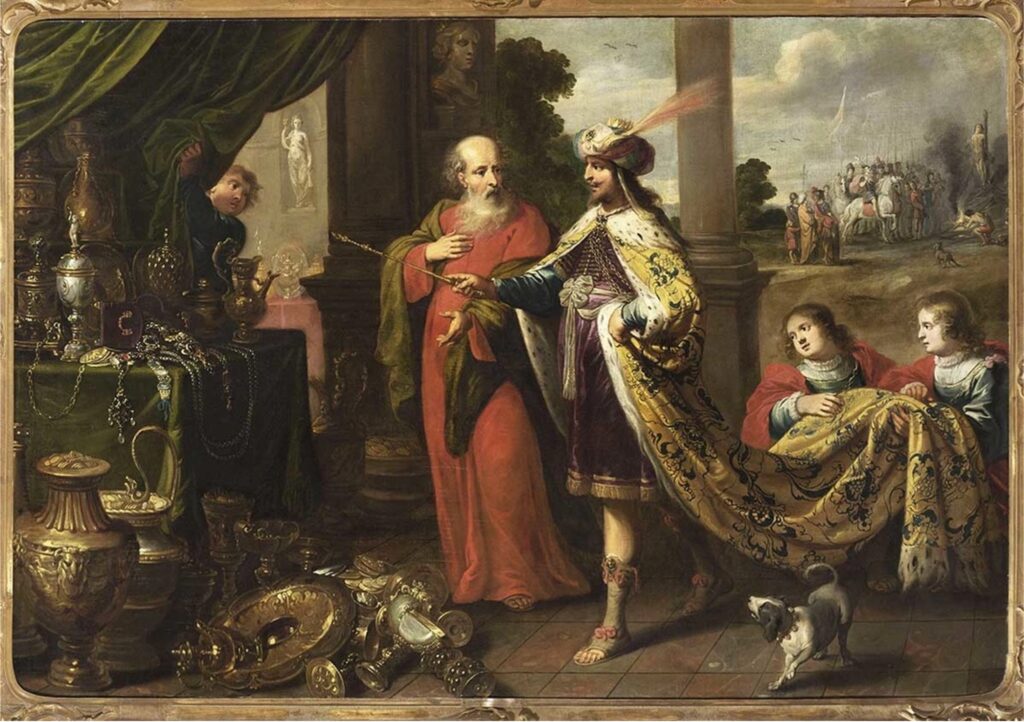 In his famous Politics, Aristotle described the different principles and competing aspirations of two societal classes, aristocrats and democrats, as desirable goods in themselves – which thus provided each with a legitimate though partial claim to governing their city-state. Pictured, Croesus Showing His Treasures to Solon, by Gaspar van den Hoecke, 1630s. 