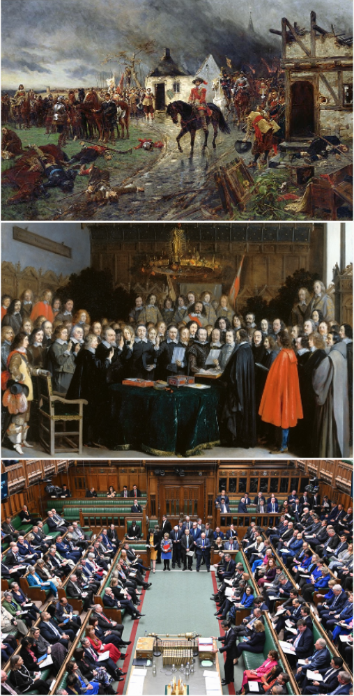 The nation-state developed within the framework of Western Christianity in the 1600s; though intense religious conflicts ensued as various nations claimed to represent the “true” Church, these were eventually superseded by modern states defined increasingly by liberalism, democracy, economic inclusivity and pluralism. Pictured: (top) Wallenstein: A Scene of the Thirty Years War, by Ernest Crofts (1847–1911); (middle) ratification of the Treaty of Münster, part of the Peace of Westphalia ending the Thirty Years’ War in 1648, by Gerard ter Borch; (bottom) the UK House of Commons Chamber, February 2024.