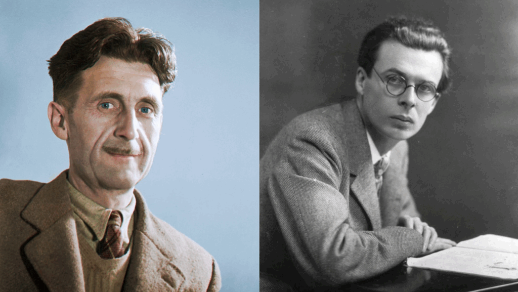 Who got it right? In 1984 and Brave New World, respectively, novelists George Orwell (left) and Aldous Huxley (right) imagined different paths to a similar dystopian future – one built on police-state surveillance, the other on pleasure-seeking submission. Today’s digital world offers evidence of both.