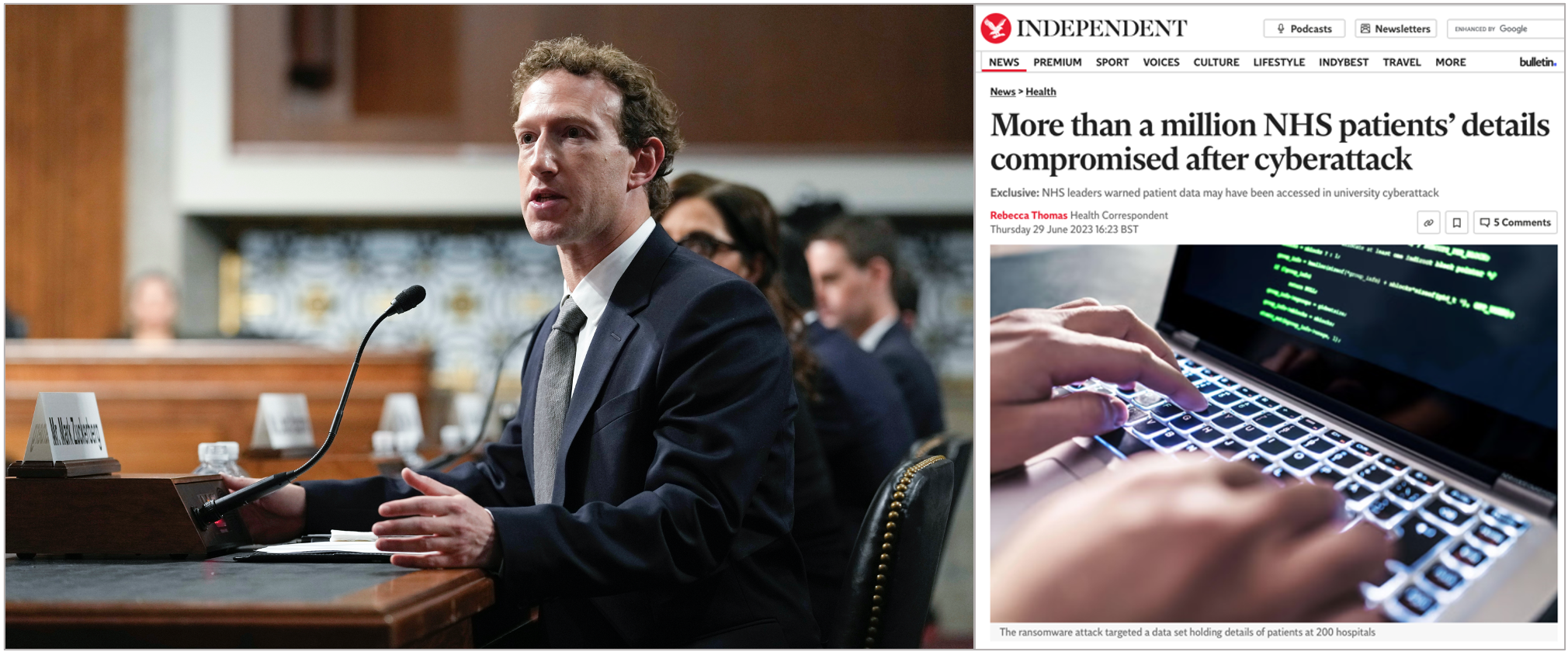 Who feels safe? Despite massive financial fines, tech giants like Google and Meta repeatedly violate privacy laws. Meanwhile, governments and other public institutions seem equally incapable of protecting citizens’ private data. At left, Meta CEO Mark Zuckerberg appears before the U.S. Senate in 2024. At right, an article from The Independent detailing a massive data breach at the UK’s National Health Service.