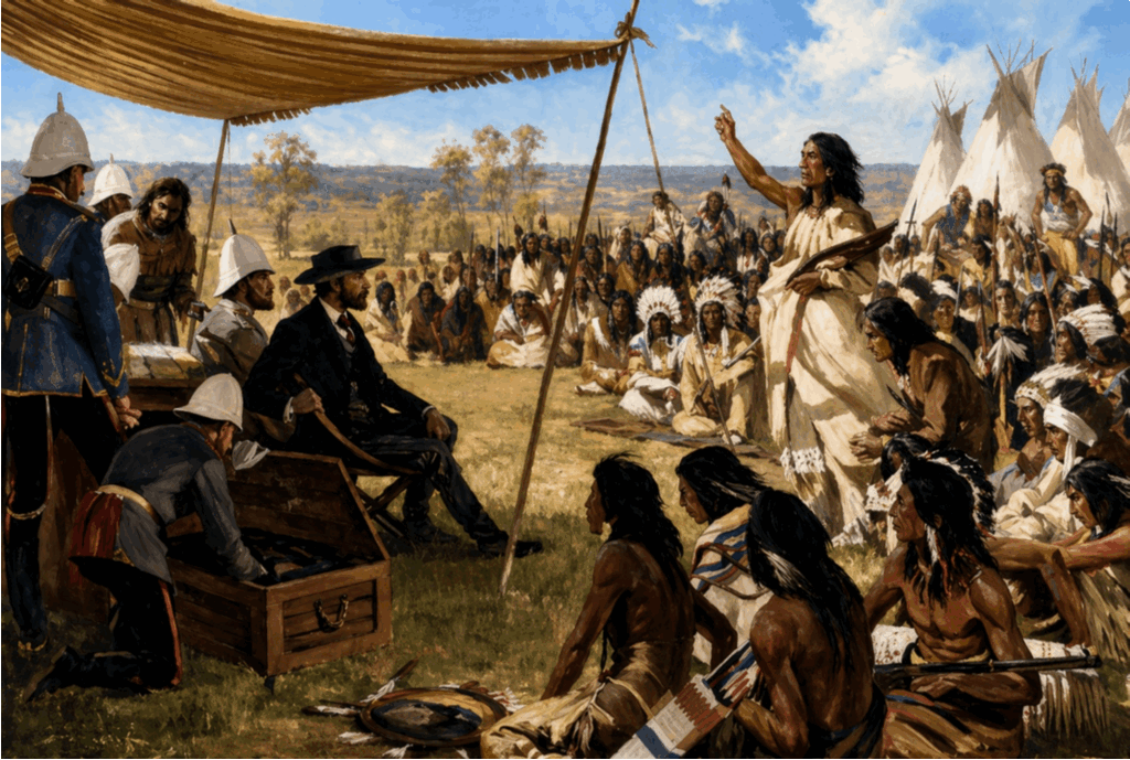 Honour for all: While Canadian governments are bound by the “Honour of the Crown” in their dealings with native groups, an equivalent responsibility should be expected of Indigenous business interests when dealing with the rest of Canada. Shown, Treaty Number Seven, by Bruce A. Stapleton, circa 1876.