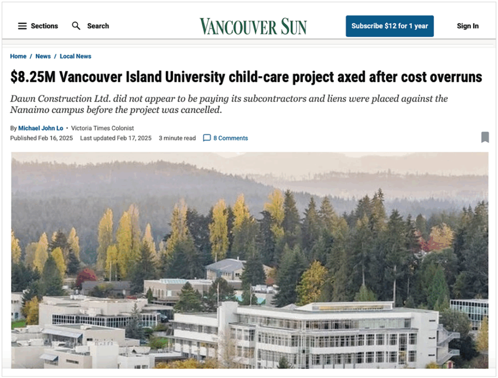 Costly incompetence: With governments making themselves central in the once-entrepreneurial childcare business, boondoggles have become commonplace. Shown, a 2025 article from the Vancouver Sun revealing how a multi-million-dollar daycare project at Vancouver Island University was botched. 