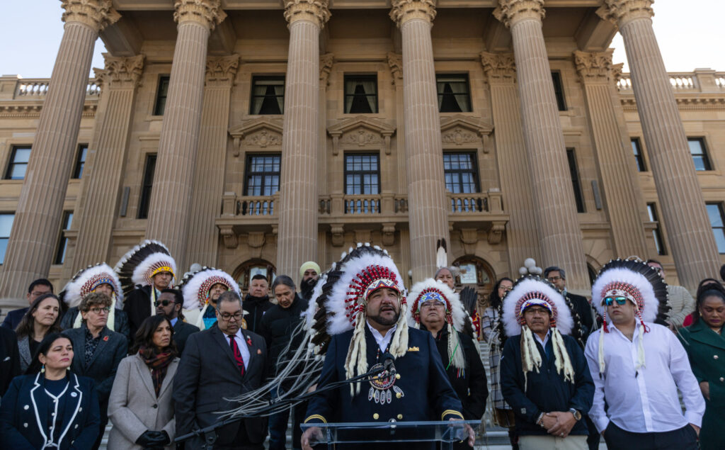 My way or nay: Treaty 8 First Nations chiefs, led by Grand Chief Trevor Mercredi (centre), recently called for Ottawa to vet any Alberta independence referendum question, even for a non-binding vote, and to retain the option of blocking it. Their presumptuous demand proved too much for Prime Minister Mark Carney.