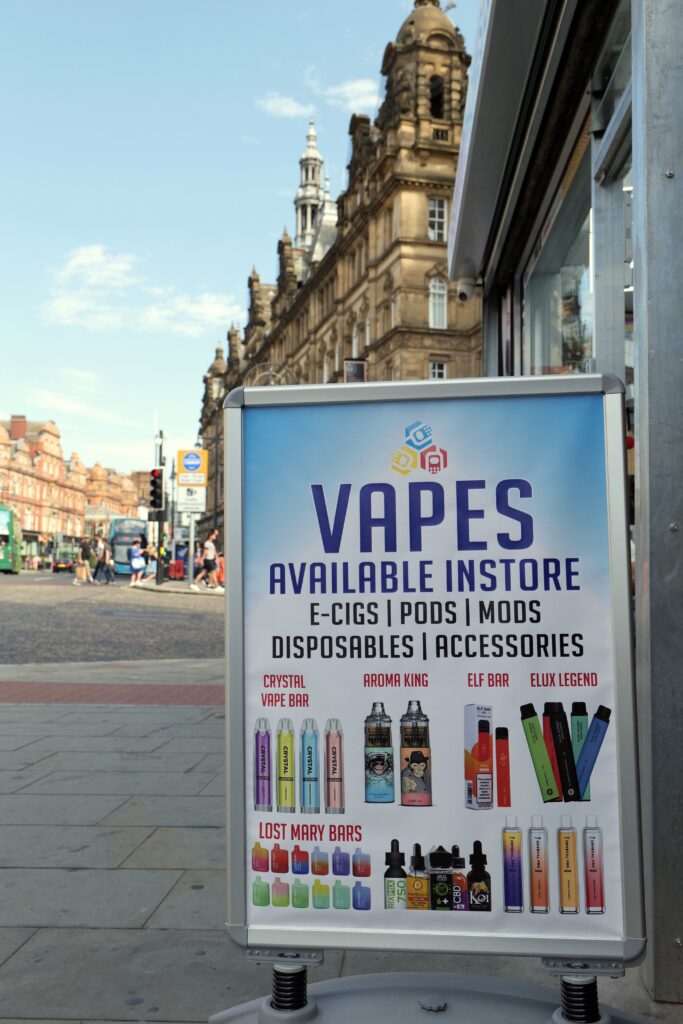 Poverty fighter: The London Tobacco Alliance calculates that replacing cigarette smoking with vaping “would lift around 2.6 million adults and 1 million children out of poverty.” Shown, a vaping advertisement in Leeds, UK.