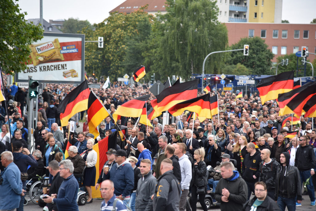 Rally point: After thousands of sexual assaults and rapes by roving gangs of Arab and North African men across Germany on New Year’s Eve 2016, the Alternative for Germany (AfD) party reoriented itself to oppose mass migration; the shift tapped into growing public concern and the party’s popularity has rocketed. Shown, an AfD march in Chemnitz, Germany, September 2018.