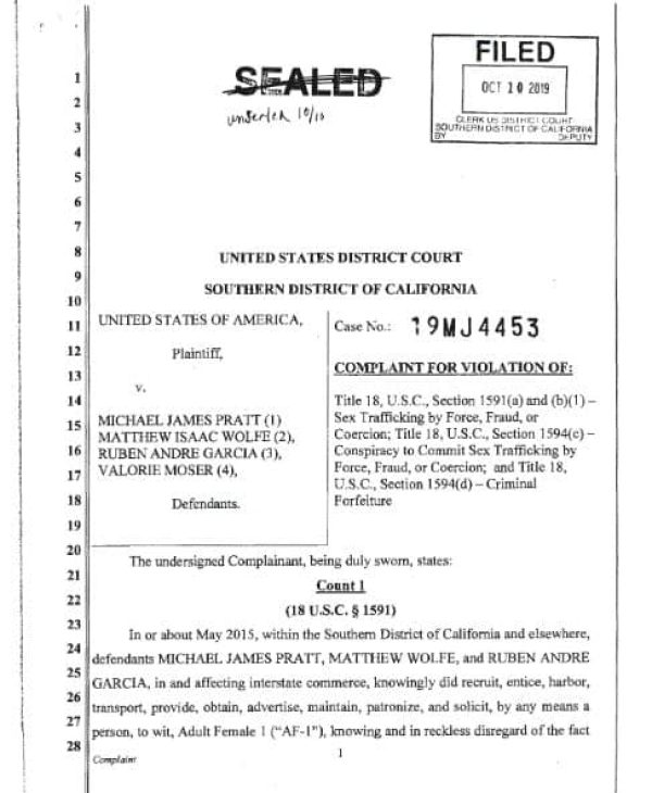 Unsealed copy of the United States District Court Southern District of California’s complaint against pornographers for sex trafficking and conspiracy to commit sex trafficking.