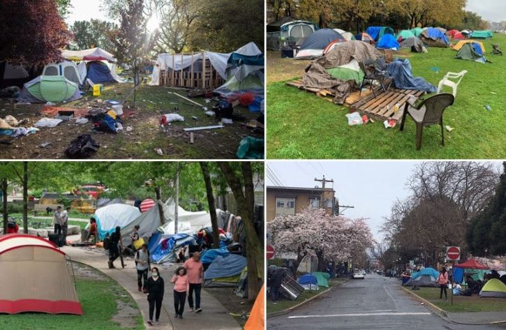 Four pictures of the Vancouver homeless camp n Strathcona park