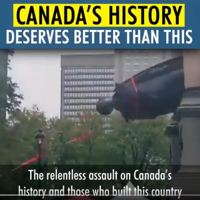 Mainstream pushback: A defender of British history stands guard beside a statue of Sir Robert Baden-Powell, founder of the Boy Scouts, in Britain (above), a video condemning the destruction of Sir John A Macdonald’s statue in Montreal by journalist Aaron Gunn has garnered nearly a million views on YouTube (below).