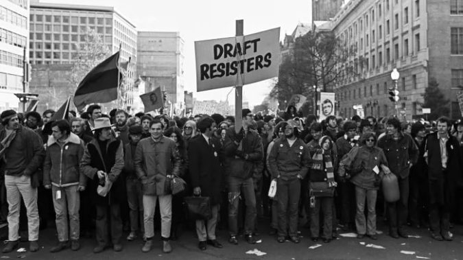 Life or death: Historically, when Americans have moved to Canada in large numbers, it’s been over issues more important than mere politics; a black family finds freedom in Ontario after fleeing slavery via the Underground Railroad (above), and Vietnam draft opponents march in an anti-war protest in 1969 (below).
