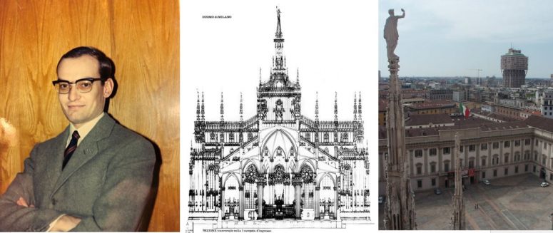 Picture of architect, sketch of the Duomo, and the modern world's Velasca