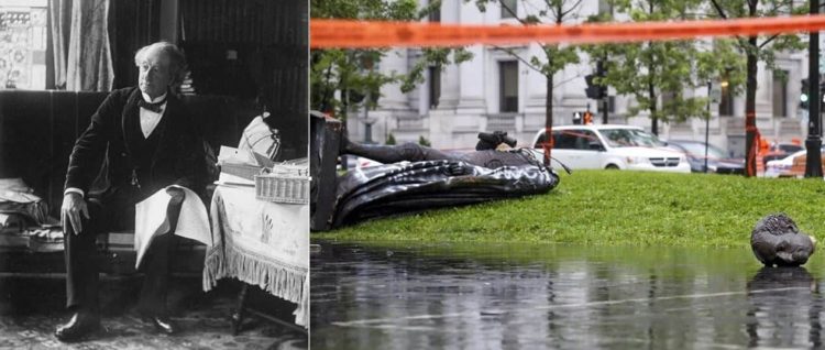 John A. Macdonald pictured in his Ottawa residence in 1888 next to a picture of his decapitated statue in Montreal in August 2020.