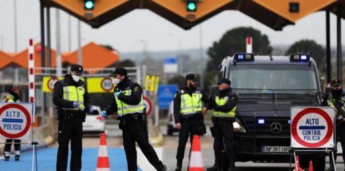 Open borders crumble: The irregular border crossing at Roxham Road in Quebec was finally closed by Ottawa amidst coronavirus fears (above), while borders across Europe have been slammed shut. (Below, a border checkpoint between Spain and France.)