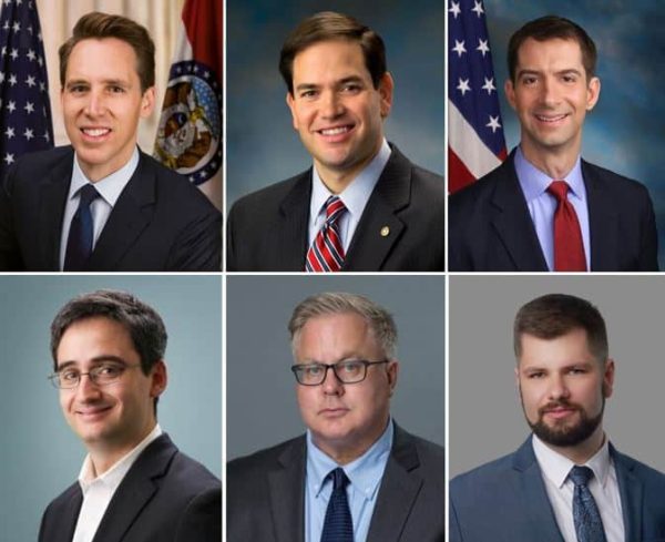 Advocates of a new industrial strategy: (top l-r) Republican senators Josh Hawley (Missouri), Marco Rubio (Florida), and Tom Cotton (Arkansas) and (bottom l-r) foundational intellects Oren Cass, Michael Lind, and Samuel Hammond.